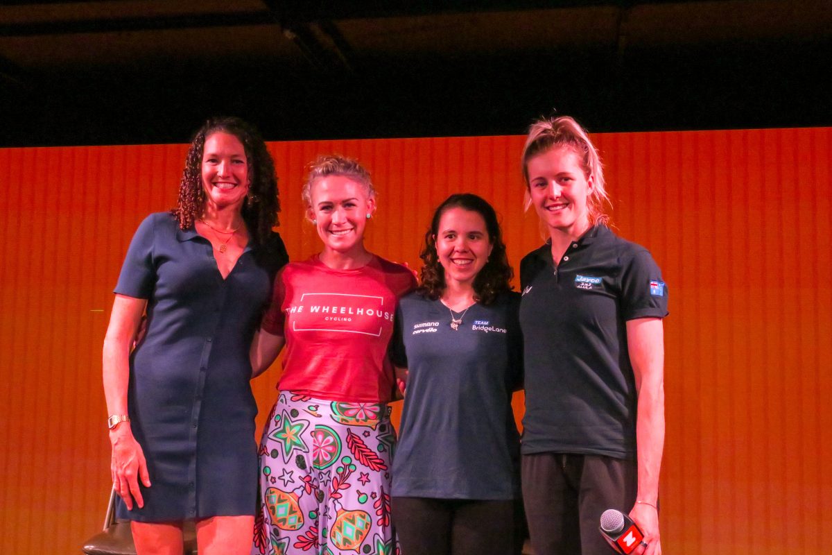 Women in sport panel hosted by Aussie Olympian/cycling champion Katey Bates with guests, Jess Pratt (mid- right) and Amber Pate (right) who are competing in the Tour Down Under as well as Kate Veronneau (left), Director of women’s strategy at Zwift. Photo: Jason Katsaras/CityMag