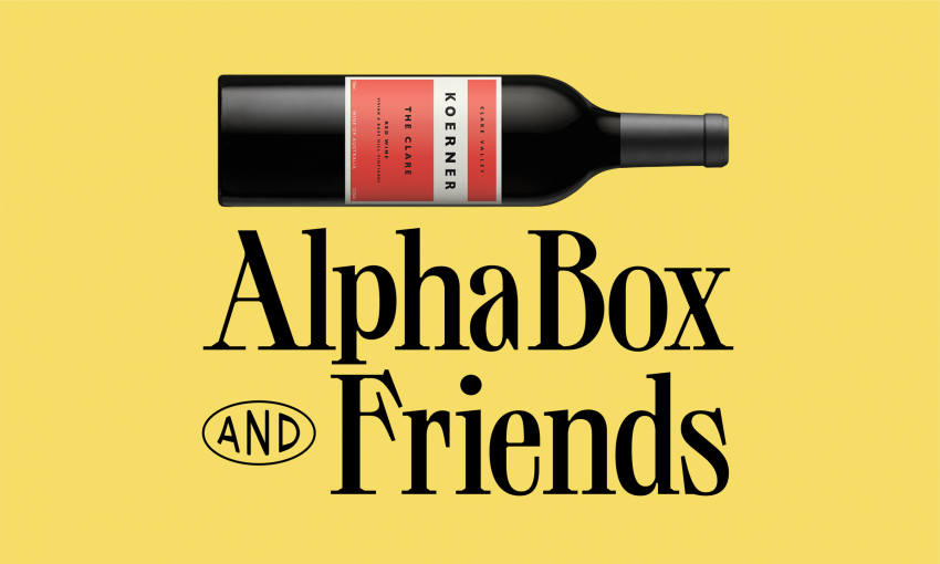 Image of Koerner wine bottle with text: Alpha Box & Friends